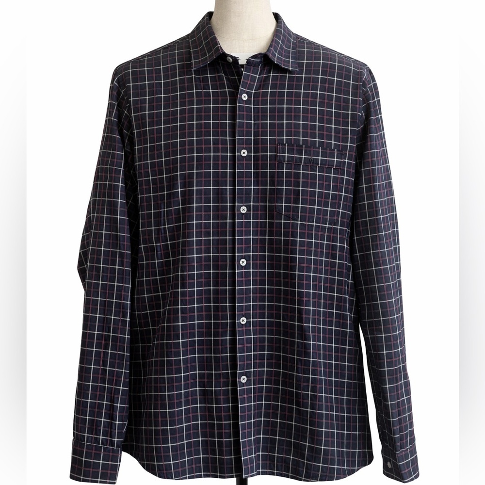 Express Fitted Button Up Shirt Mens L 16-16.5 Navy Plaid Cotton Dress Shirt